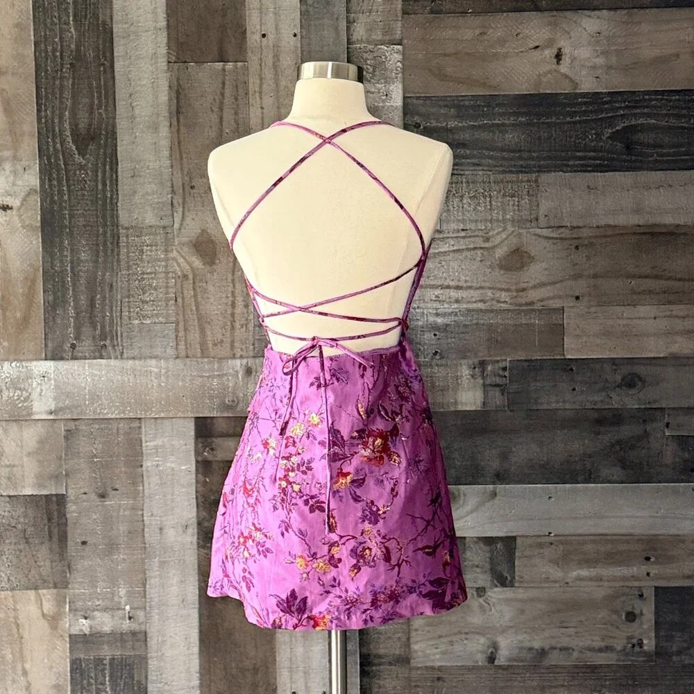 Urban Outfitters purple tapestry mini dress medium glam sparkly floral cocktail - Picture 6 of 10